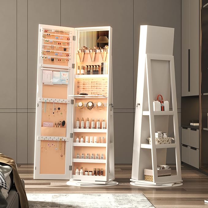 Vlsrka 360° Swivel Mirror Jewelry Cabinet, Large Jewelry Armoire Cabinet Standing, Lockable Full Length Mirror with Storage, 3 LED Lights, Foldable Makeup Shelf, Beige Velvet, White