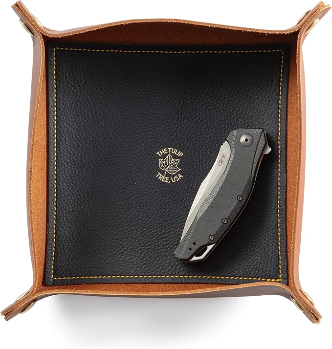 USA Handmade Premium Leather Valet Tray, Folds Flat! Dice Rolling Basket and Organizer with Brass Snaps (Chestnut and Blue Gold, Large)