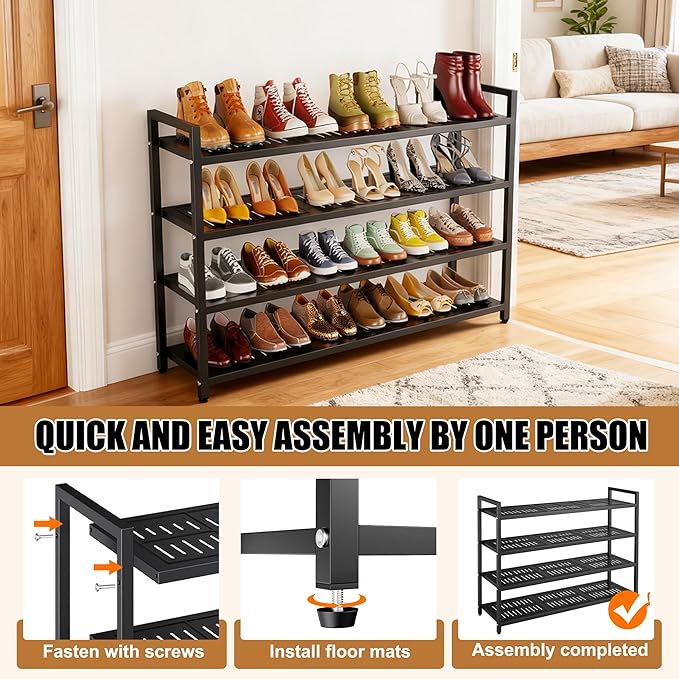 3-Tier Heavy Duty Metal Shoe Rack, 200 LBS Load Capacity, Sturdy Free Standing Shoe Storage Organizer, Holds 9-12 Pairs, 28.7" W x 9.8" D x 19.7" H Black for Entryway, Closet, Bedroom & Dorm