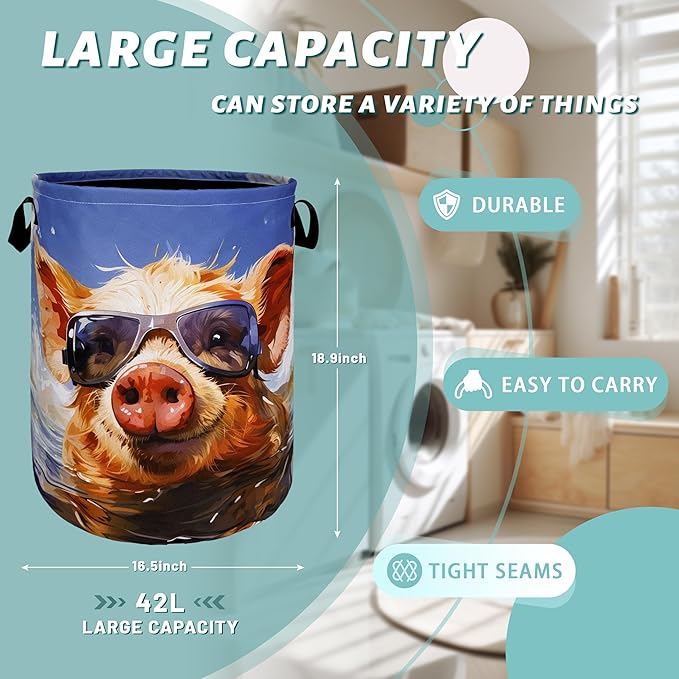 Funny Pig Laundry Hamper Foldable With Handles Summer Pigs Tote Bag Universal Oxford Cloth Animal Laundry Basket Clothes Toy Storage Bucket 18.9" x 16.5" For Bathroom/Laundry/Bedroom
