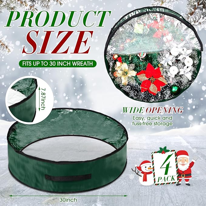4 Pcs Christmas Wreath Storage Bag, Christmas Garland Storage Container with Clear Window, Zipper & Handle for Xmas Holiday Seasonal Wreath Garland Box(Green,30")