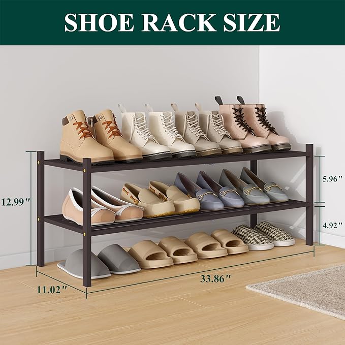 Smiry Long Bamboo Shoe Rack 2-Tier, Stackable Wooden Shoe Organizer for Entryway & Closet, Free Standing Wood Shoe Storage Shelf for Front Door & Small Spaces, Brown