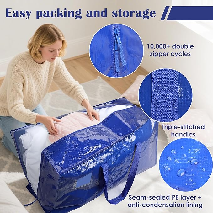12 Pack Extra Large Heavy Duty Moving Bags with Reinforced Zipper & Wide Handles, Waterproof Storage Bins Packing Cubes for Clothes, College Dorm, Travel, and Home Organization, Blue
