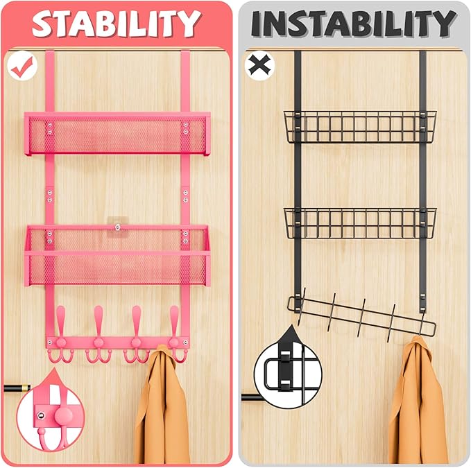 Over The Door Hooks Organizer, Coat Rack Over The Door Storage Hanger Towel Rack, Back of Door Storage Organizer for Bathroom,Bedroom,Kitchen,Office (Pink, 3-Tier)