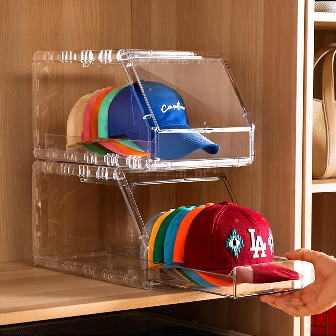 Hat Organizer Box – Stackable Clear Display Box with Sliding Drawer, Holds 15 Baseball Caps, Closet and Shelf Organizer for Hats, Transparent Display with Anti-Slip Feet