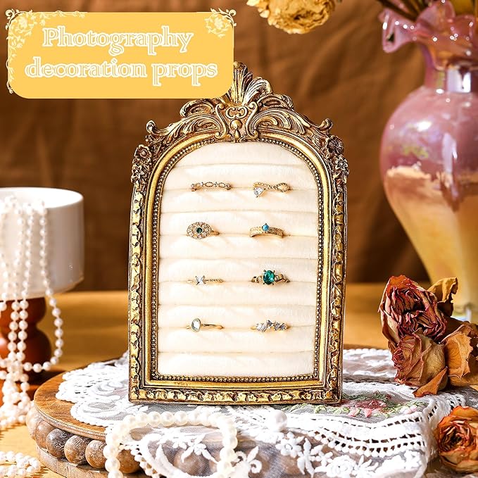 Vintage Ring Holder Arch Gold Ring Wedding Display Suede Jewelry Box Stand Frame Earring Tray Anniversary Engagement Baroque Organizer Photograph Prop for Women Birthday Christmas Gift