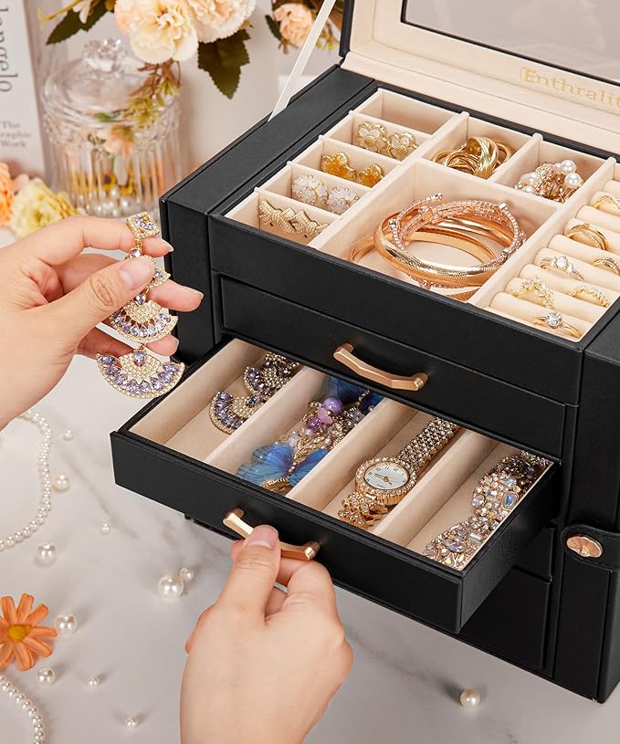 Jewelry Box with 4 Drawers: Display Organizer for Earrings Necklaces - Gifts for Girls Women (Black)