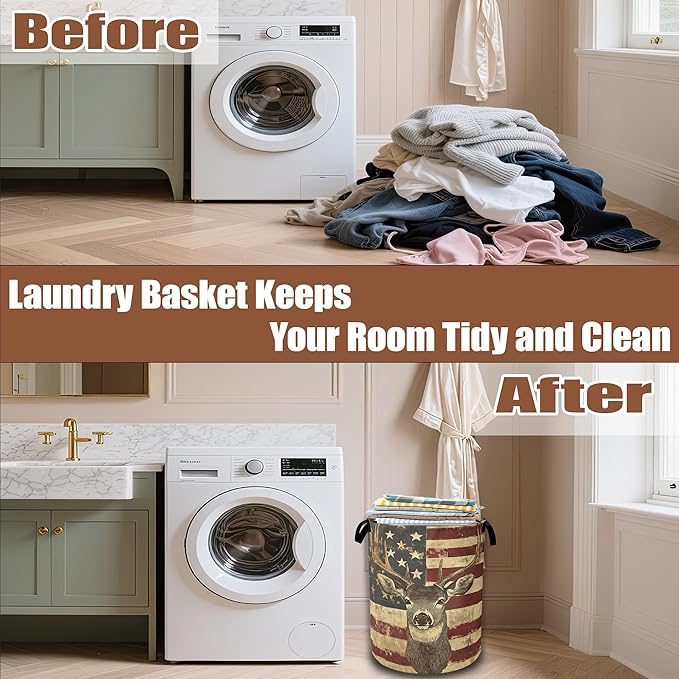 Laundry Hamper,American Flag Deer Laundry Baskets,Waterproof Oxford Cloth Toy Storage for Bedroom,Bathroom,Nursery,16x20.8 Inch