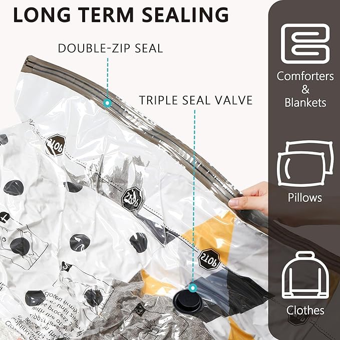 6 Jumbo Vacuum Storage Seal Bags, Space Saver Bags with Travel Hand Pump, Compression Airtight Sealer Bags for Clothes, Bedding, Pillows, Comforters, Blankets