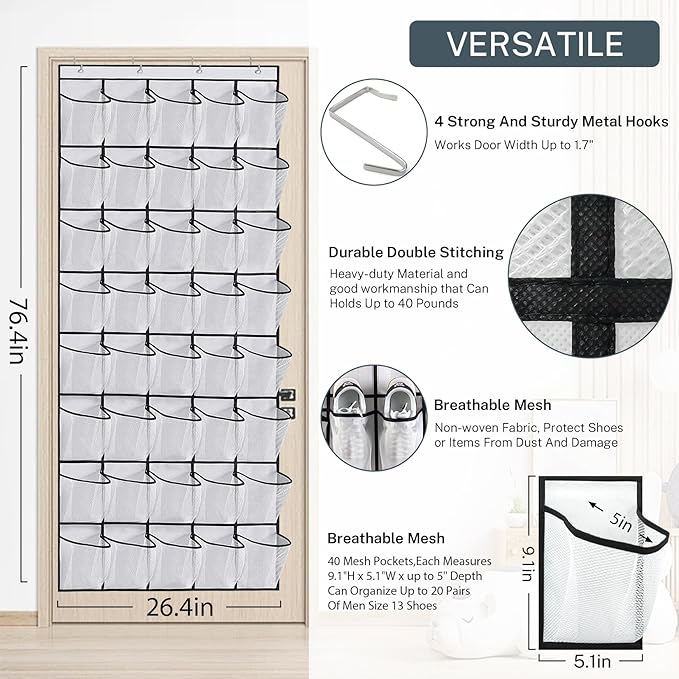 Over the Door Shoe Organizer,40-Pocket Hanging Shoe Rack for Closet Door,Shoes Storage Holder Hanger with Large Mesh Pocket for Women Men Shoes,Flip Flops(Black)