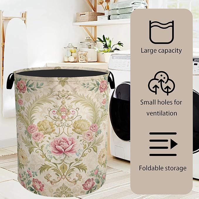 Shabby Chic Rose Laundry Basket with Handles - Extra Large Foldable Hamper for Bathroom/Laundry/Bedroom/Dorm, Washable Fabric Storage Bin