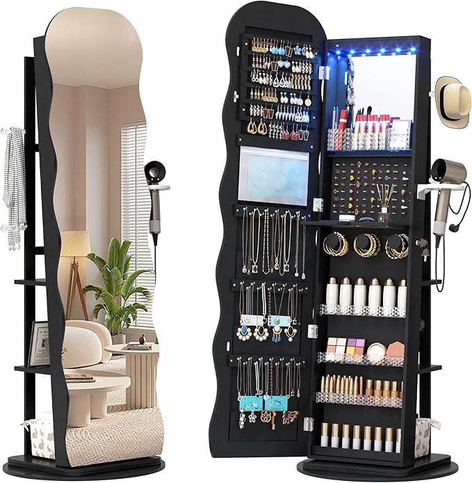 Vlsrka 360° Swivel Jewelry Aromire with Wavy Mirror, Lockable Jewelry Organizer Mirror Full Length, Rotatable Standing Mirror with Storage, Jewelry Cabinet, Interior Mirror, Flodable Shef, Black