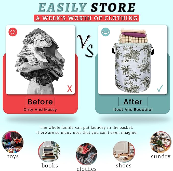 Tropical Palm Tree Laundry Basket Foldable With Handles Tote Bag Oxford Cloth Colorful Laundry Hamper 18.9"x16.5 "Clothe Storage Bucket Toy Organizer For Bathroom/Laundry/Bedroom