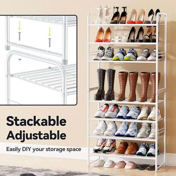 4-Tier Stackable Shoe Rack, Metal Shoe Shelf Storage Organizer,White