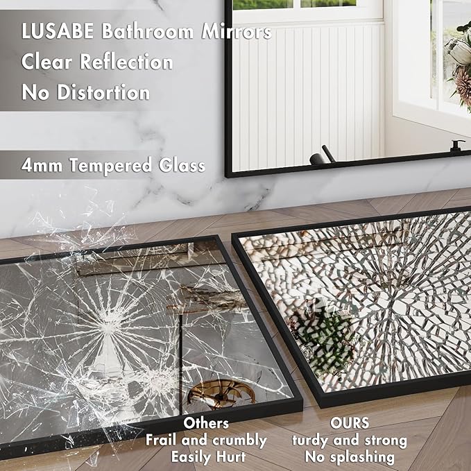 40x32 Inch Black Framed Bathroom Mirror, Matte Black Vanity Mirror Farmhouse, Large Rectangle Wall Mirror, Anti-Rust, Tempered Glass, Shatter-Proof, Easy to Install Vertically/Horizontally