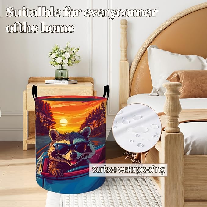 Cool Raccoon Sunset Drive Laundry Basket 19.7"x15.7", Collapsible Dirty Clothes Waterproof Cute Animal Laundry Hamper Organizer Toy Storage Bin for Dorm Nursery Bathroom Decor