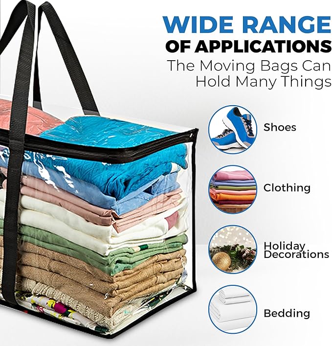 2 Pack Clear Large Moving Bags, Heavy Duty Storage Bags, College Totes, Storage Bins, for Organizing Blankets, Clothing for College, Dorm, Packing, Durable with Zipper and Handle 25x14x12