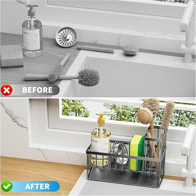Cisily Kitchen Sink Caddy Organzier with High Brush Holder, Sponge Holder for Sink, 304 Rustproof Stainless, Kitchen Countertop Soap Dispenser Organizer