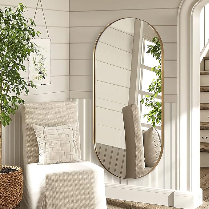 ANDY STAR Gold Bathroom Mirror 60 x 30 Inch, Full Length Mirror, Oval Vanity Mirror, Pill Shaped Mirror in Stainless Steel 1’’ Deep Wall Mounted Vertical/Horizontal