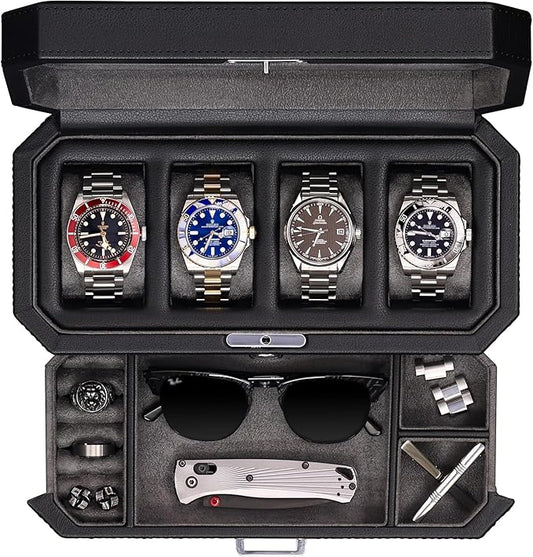ROTHWELL 4 Slot Leather Watch Box with Valet Drawer - Luxury Case Display Jewelry Organizer, Locking Display Case Holder with Real Glass Top - Watch Box Organizer for Men & Women (Grey)