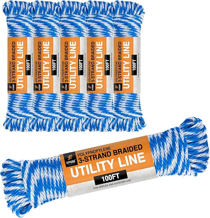 Polypropylene Rope - Braided Utility Line - 1/4" x 100 Ft - All Purpose Indoor & Outdoor Poly Rope Cord - Twisted Clothesline, Sash Cord, Anchor Line, Camping, Marine, Pool, Nautical 6 Pack