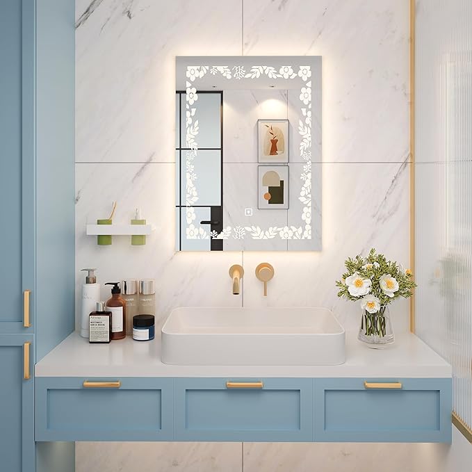 32"*24" Rectangular LED Vanity Mirror with Lights, Bedroom and Bathroom Mirror, Touch Control 3-Color Dimmable Lighting, Easy Wall Mount, Plug-in Power, with Elegant Pattern