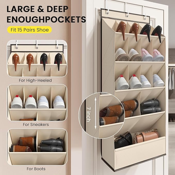 Over the Door Shoe Rack with Large Deep Pockets, Door Shoes Organizer for Closet, Hanging Boots Shoe Rack, Behind the Door Narrow Shoe Holder, Multiple Pockets for Flexible Storage, Beige ﻿