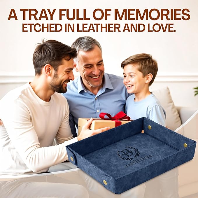 Engraved Leather Valet Tray for Men – Personalized Catchall with Custom Name for Desk, Dresser, Nightstand – Men's Organizer Tray for Keys, Wallet, Jewelry, Personalized Gift for Home, Office - Blue