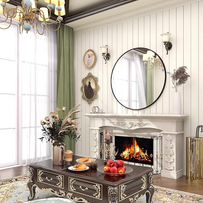 BEAUTYPEAK 28 Inch Round Mirror, Metal Frame Circle Mirror, Wall Mounted for Entryway, Bathroom, Vanity, Living Room, Black