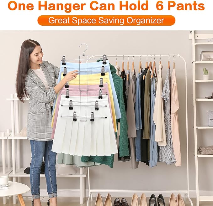 4 Pack Pants-Hangers-Space-Saving,6 Tier-Closet-Organizers-and-Storage Skirt Hooks with Clips,Closet-Organizer-Clothes-Organization-and-Storage Jeans Scarf Holder,College-Dorm-Room-Essentials Decor