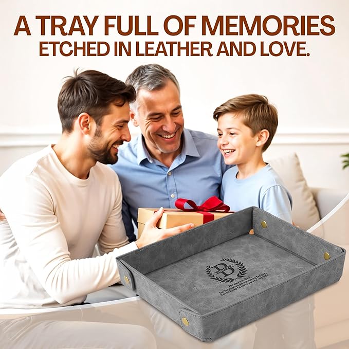 Engraved Leather Valet Tray for Men – Personalized Catchall with Custom Name for Desk, Dresser, Nightstand – Men's Organizer Tray for Keys, Wallet, Jewelry, Personalized Gift for Home, Office - Grey