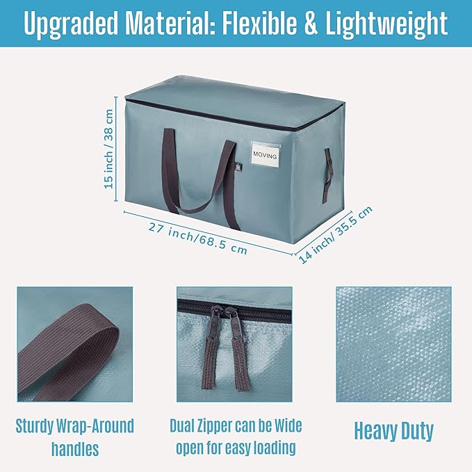 VENO 4 Pack Moving Bags, Upgraded Heavy Duty, Moving Boxes Alternative, Packing Storage Supplies for Dorm Room Essentials with Zipper for Clothes, Large Totes for Packaging (Light Blue, 4 Pack)