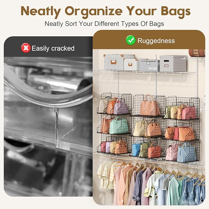 Sonyabecca Purse Organizer for Closet,2-Pack Adjustable&Stackable Purse Storage Organizer Dividers for Open Cabinets,Wire Storage Baskets for Purses/Handbags/Clutches-Black