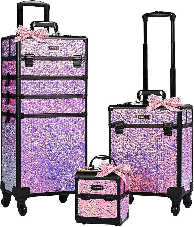 BYOOTIQUE Rolling Cosmetology Case on Wheels 3-Piece Lockable Makeup Organizer Kit Nail Tech Storage Cart Hair Tool Travel Bag for Lash Artist Nail Slon Beauty Hairstylist,Mermaid Pink
