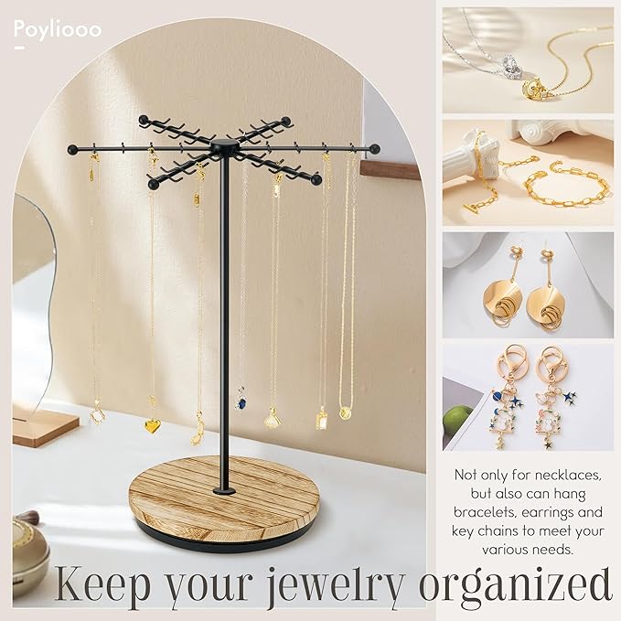 Necklace Holder Jewelry Stand, Rotating Necklace Holder Organizer with 48 Hooks for Necklace Earring Keychains Bracelet Display Stand, Metal Necklace Tree Stand -Gifts for Women (Black)