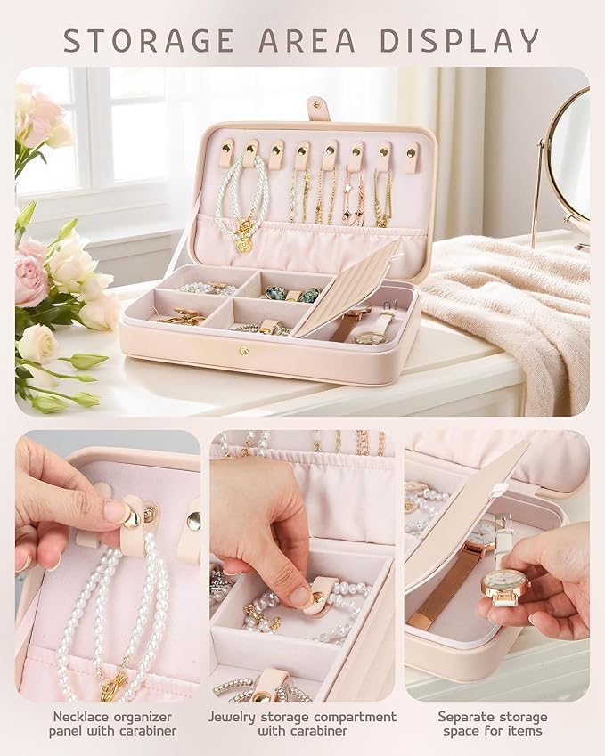 VELORIA PU Leather Travel Jewelry Organizer Case, Snap-Clasp Necklace Holder with Elastic Pouch, Ring & Earring Storage, Compact Jewelry Box for Bracelets and Bangles, Cloud Pink