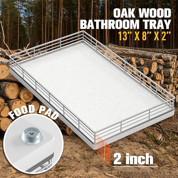 Large Bathroom Vanity Tray – 13" x 8" Oak Decorative Wooden Tray for Bathroom Countertop & Vanity Organizer, Wood Tray for Perfume, Skincare & Accessories Storage, Vanity Dresser Decor Sliver & White