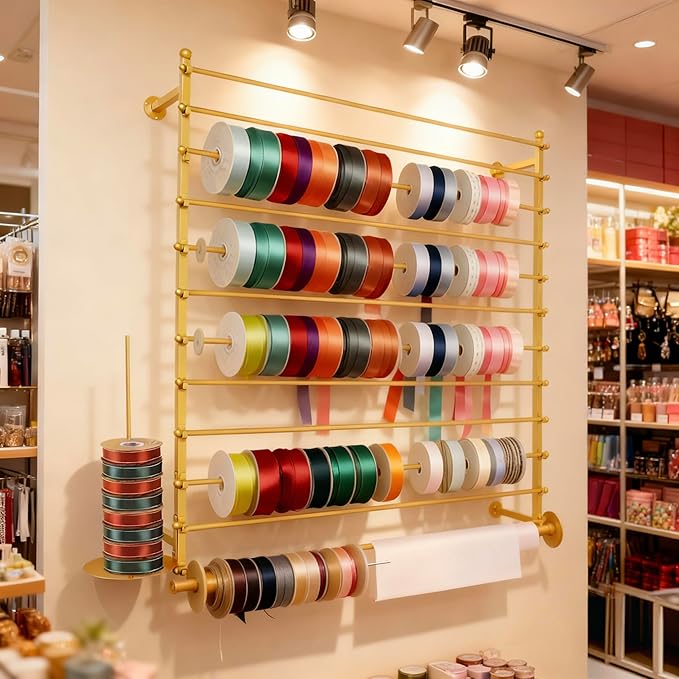 12 Layers 120cm Gold Wall Display Stand Wrapping Paper Ribbon Organizer Holder Storage Scarf Tie Belt Towel Spool Sewing Tool Hijab Metal Shelving for Home, Retail Stores, Flower Shop, Studio