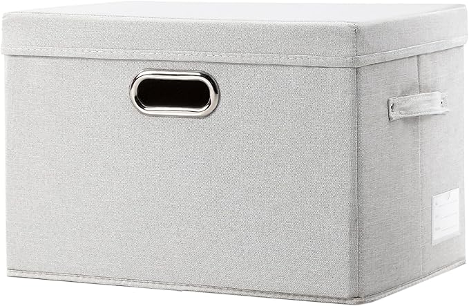 PRANDOM Large Collapsible Storage Bin with Lid [1-Pack] Fabric Foldable Storage Box Organizer Container Basket Cube with Cover for Home Bedroom Closet Office Beige (17.3x11.8x11.8)