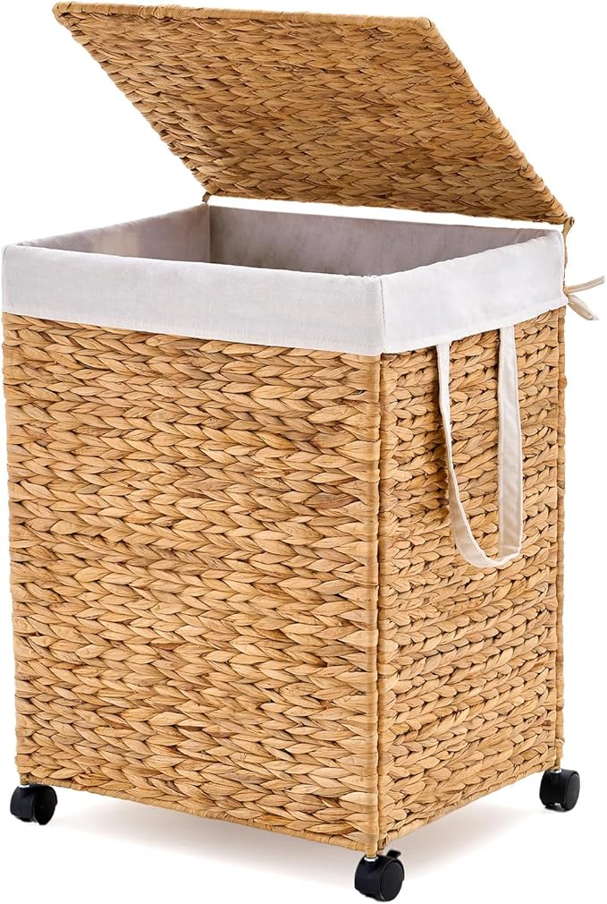 Laundry Hamper with Lid, Large Capacity Woven Natural Water Hyacinth Laundry Sorter with Removable Liners, Rolling or Non-Slip Design for Bedroom (Natural, 100L)
