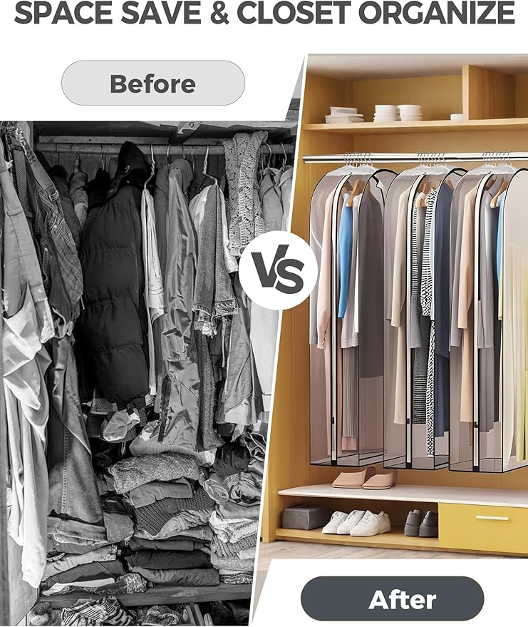 4 pcs 60" Garment Bags for Hanging Clothes, Clear Suit Bags for Closet Storage Clothing Storage, Garment Bags for Travel Covers with 10" Gussets for Coats, Jackets, Shirts and Sweater