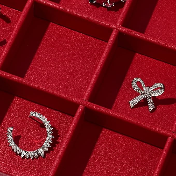 Leather Jewelry Trays 24 Grids Earrings Tray Jewelry Display Tray Stackable Ring Earring Organizer Tray Jewelry Trays For Drawers Rings Earrings Holder (Red)
