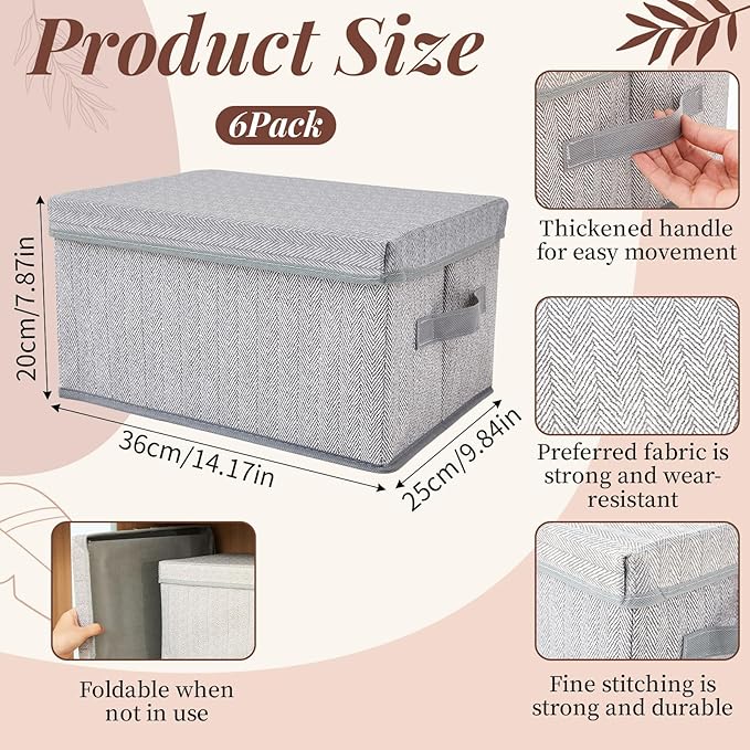 LemonRoad 6 Pack 14'' x 10'' x 8'' Collapsible Storage Bins with Removable Lids, Fabric Closet Organizers with Handles, Foldable Memory Boxes for Organizing Shelves Nursery Bedroom, Home Closet, Gray