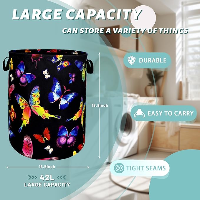 Colorful Butterfly Laundry Hamper Foldable With Handles Tote Bag Universal Oxford Cloth Butterflies Laundry Basket Clothes Toy Storage Bucket 18.9" x 16.5 "For Bathroom/Laundry/Bedroom