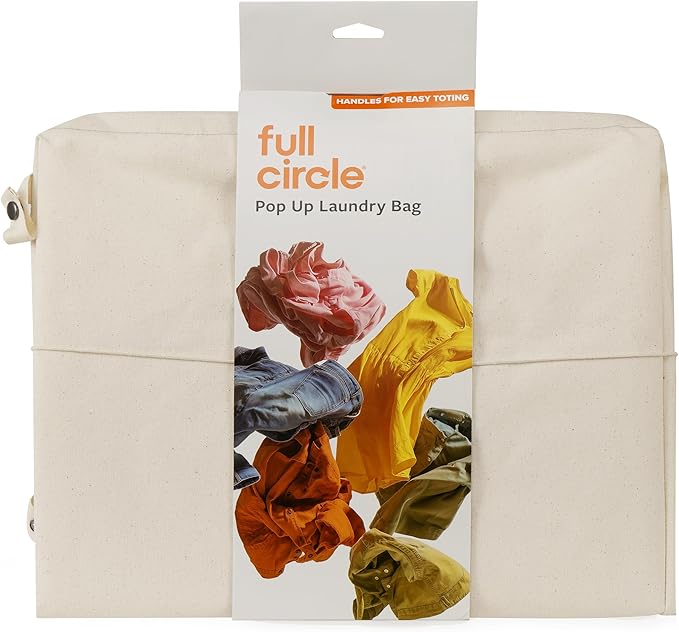 Full Circle Loads of Fun Collapsible Hamper – Laundry Basket for Dirty Clothes & Towels– Tall Standing Organic Cotton Laundry Bag with Long Handles - Ideal for Bathroom, Bedroom or Kids’ Room, Natural Large