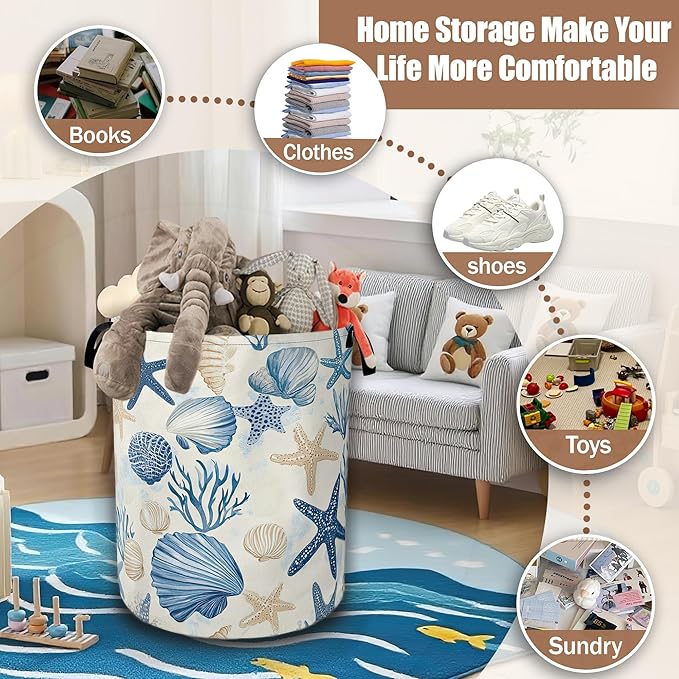 Coastal Beach Laundry Basket,Shell Starfish Coral Laundry Hamper Waterproof Oxford Cloth Tote Collapsible,Clothes Storage Bucket Decorative Toy Organizer For Bathroom Bedroom 16" x 20.8"