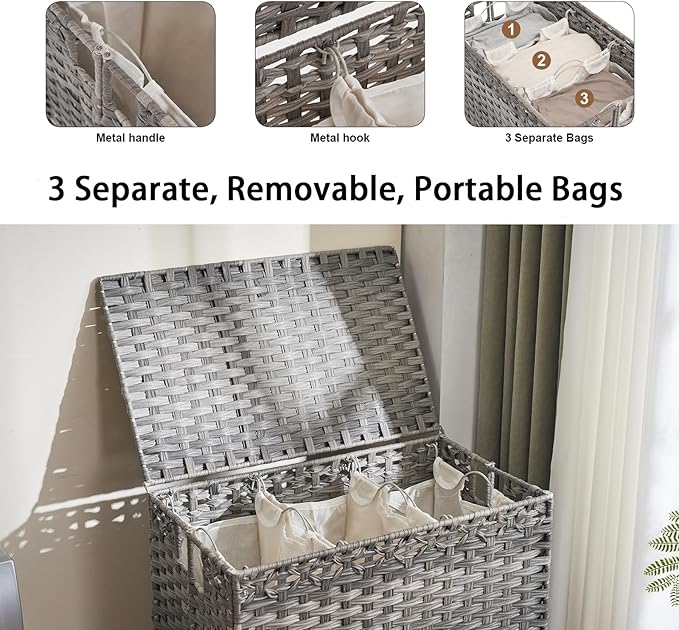 Laundry Hamper with Wheels&Lid, 50.2 Gallons(190L) Rolling Laundry Basket with Wheels, 3-Section Laundry Hamper, Handwoven Rattan Clothes Hamper with 6 Removable Liner& 3 Mesh Laundry Bags, Grey
