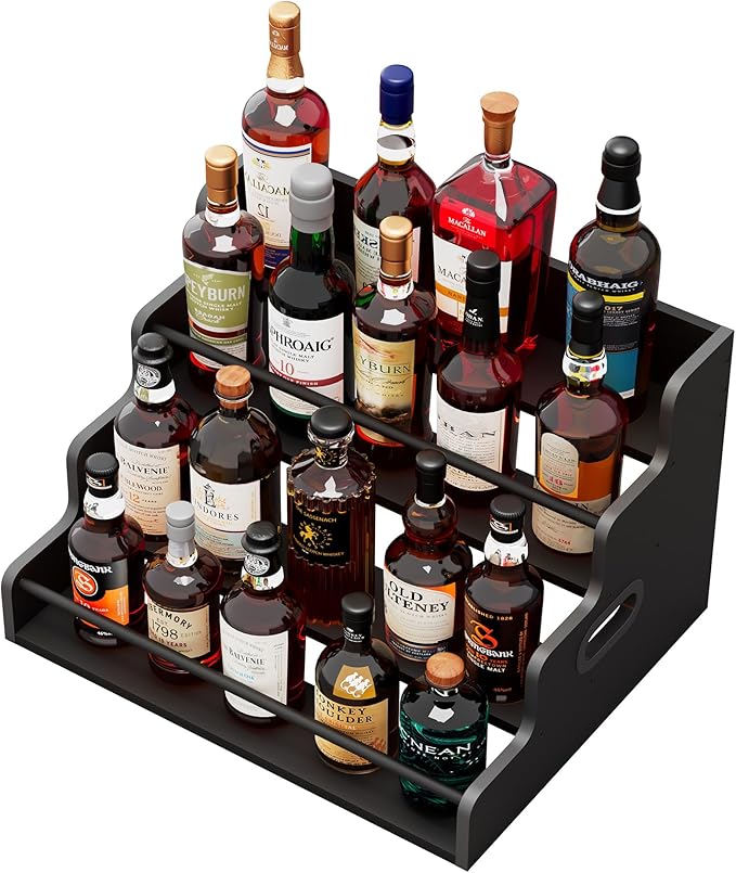 19.6”W x 15.74" D x 12.5" H Inches Versatile 4-Step Coffee Syrup & Water Bottle Organizer Rack Multi-Functional Retro Display Shelf for Kitchen or Bar, Holds Liquor & Spirits, Black