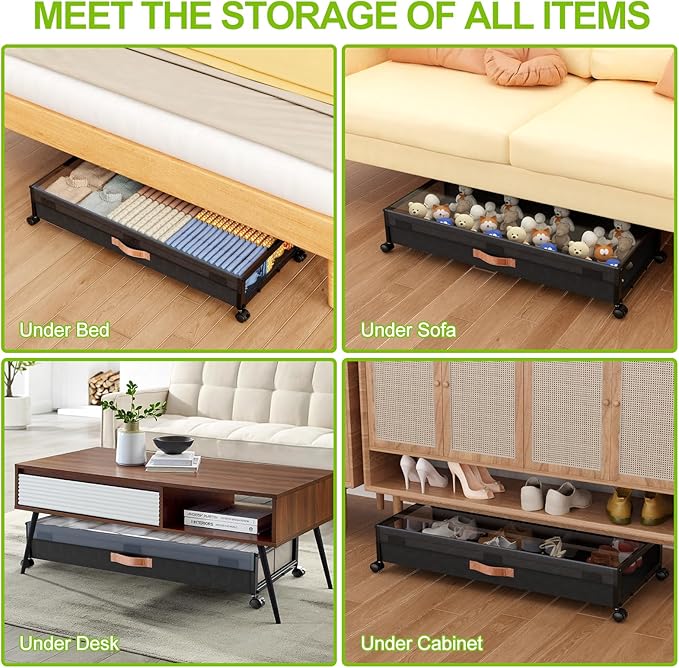Under Bed Storage with Wheels,2-Pack Under Bed Storage Containers with Clear Lids, XXL 70L Under the bed storage Organizer Bins,Rolling Under Bed Metal Drawer for Clothes,Shoes (36"x16.6"x7.28")