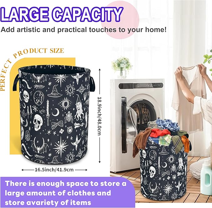 Witch Gothic Laundry Basket Skull Magic Oxford Cloth Laundry Hamper Funny With Handle Foldable Portable Clothes Storage Basket 18.9 X 16.5 In Storage Bag For Laundry Room/Bathroom/Bedroom/Dormitories